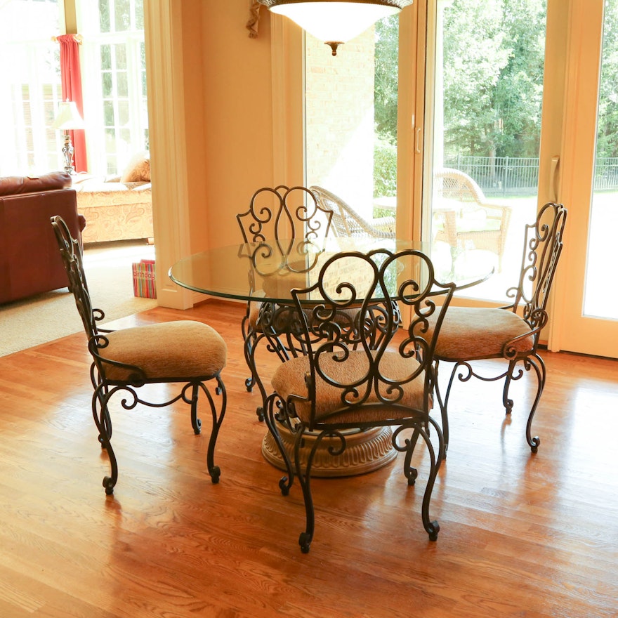 Wrought Iron Glass Top Table With Five Chairs by The Bombay Company
