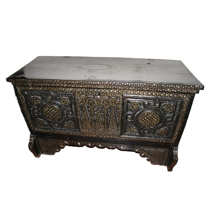 Antique Handcarved Syrian Chest with Mother of Pearl Inlay