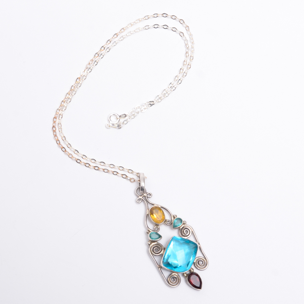 Sterling Silver Necklace with Glass and Silver Pendant