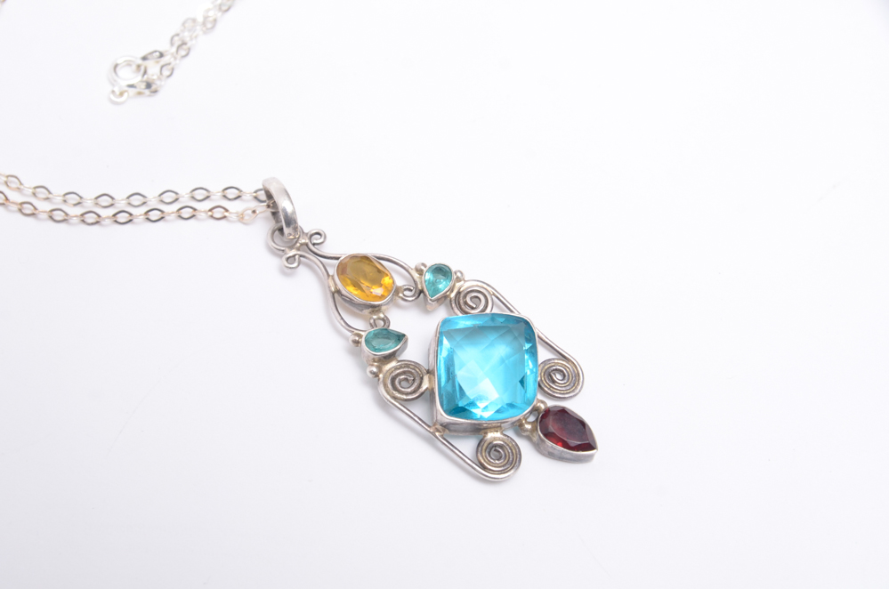 Sterling Silver Necklace with Glass and Silver Pendant