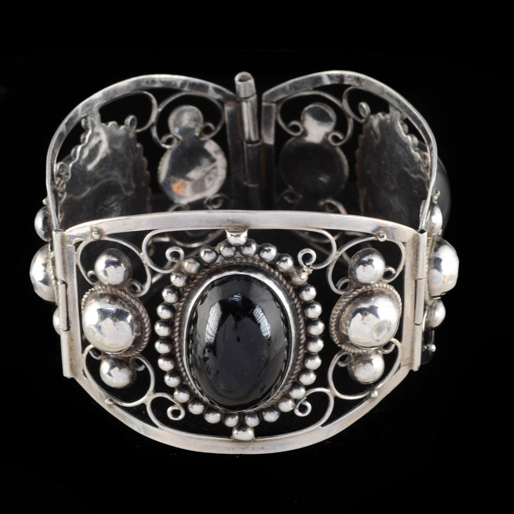 Mexican Silver and Black Onyx Openwork Hinged Bracelet