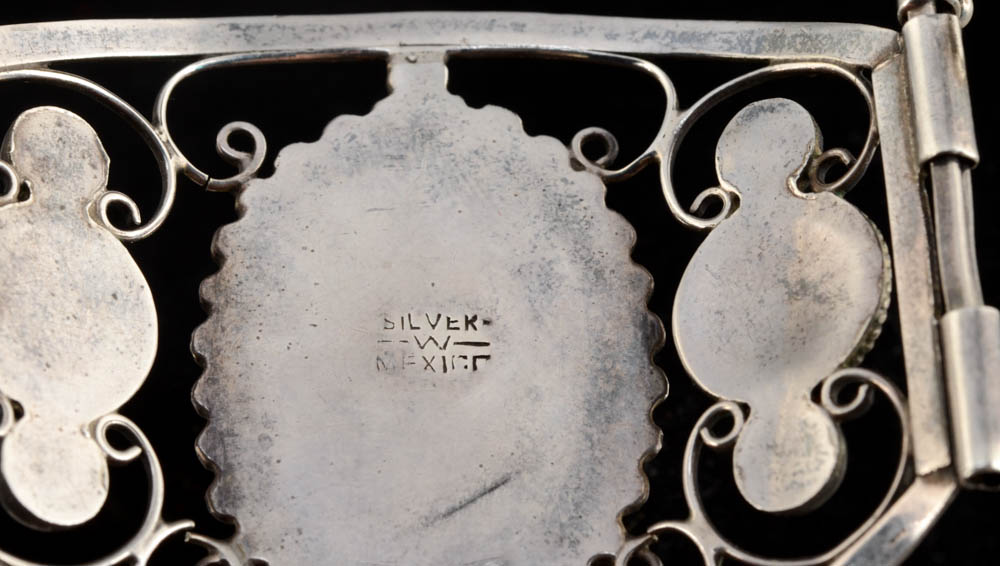 Mexican Silver and Black Onyx Openwork Hinged Bracelet