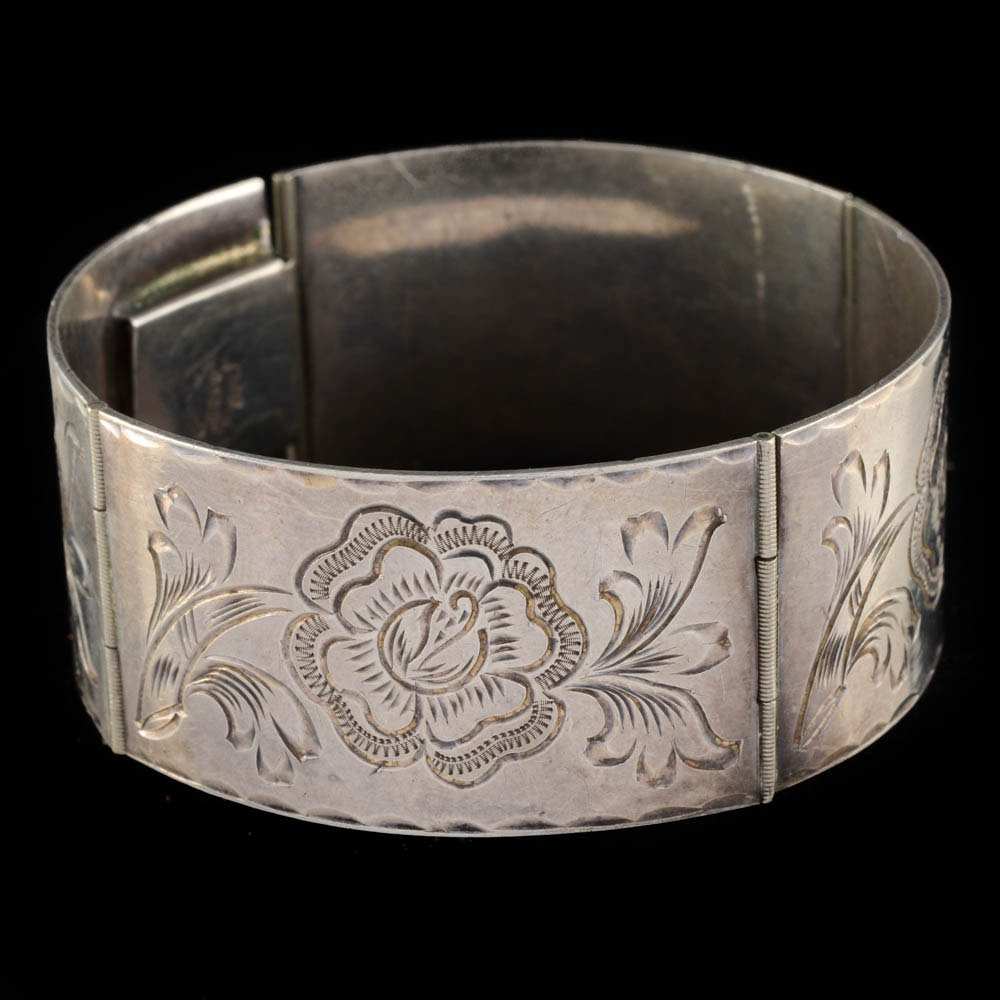 Vintage Mexican Sterling Silver Floral Engraved Hinge Bracelet