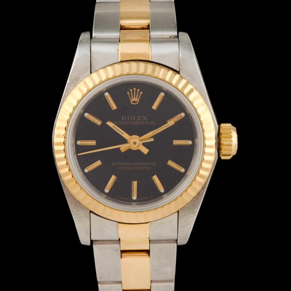 Women's Rolex Perpetual 18K Yellow Gold and Stainless Steel Black Index Oyster Watch