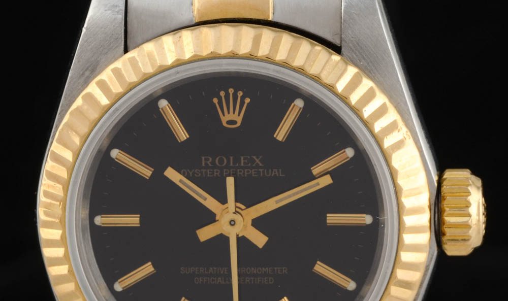 Women's Rolex Perpetual 18K Yellow Gold and Stainless Steel Black Index Oyster Watch