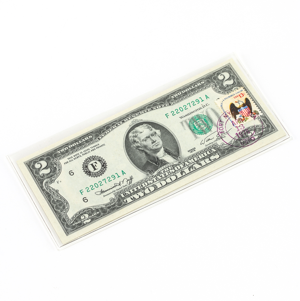 1976 First Day Issue Two Dollar Bill with Signatures of Francine Neff and William Simon