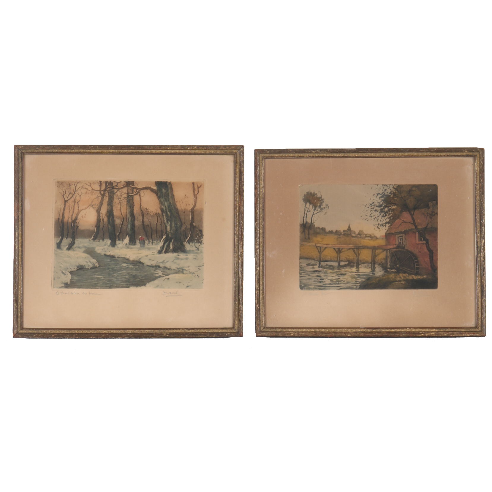 Pair of Louis Davril Etching Aquatint "Le Moulin Rose" and "Le Russian En Hiver"