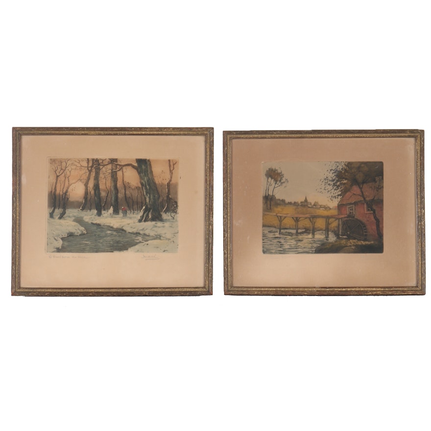 Pair of Louis Davril Etching Aquatint "Le Moulin Rose" and "Le Russian En Hiver"