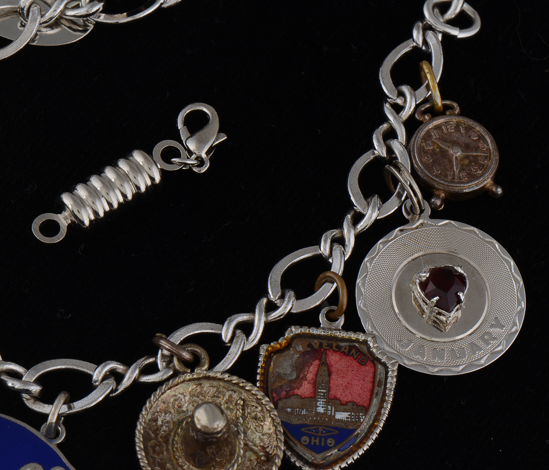 1960s Vintage Sterling Silver and Charm Bracelet with Base Metal Extension