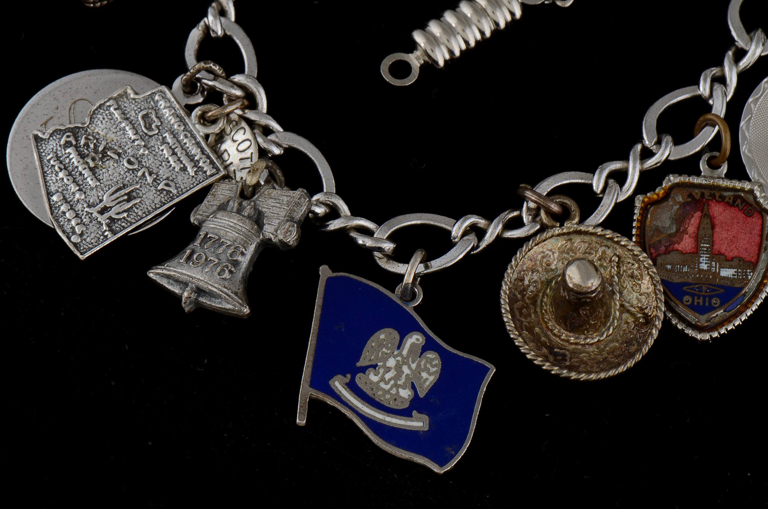 1960s Vintage Sterling Silver and Charm Bracelet with Base Metal Extension