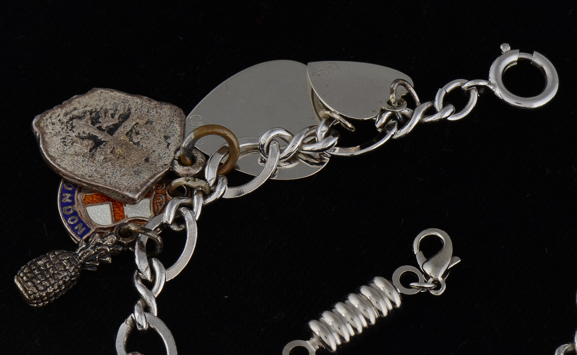 1960s Vintage Sterling Silver and Charm Bracelet with Base Metal Extension