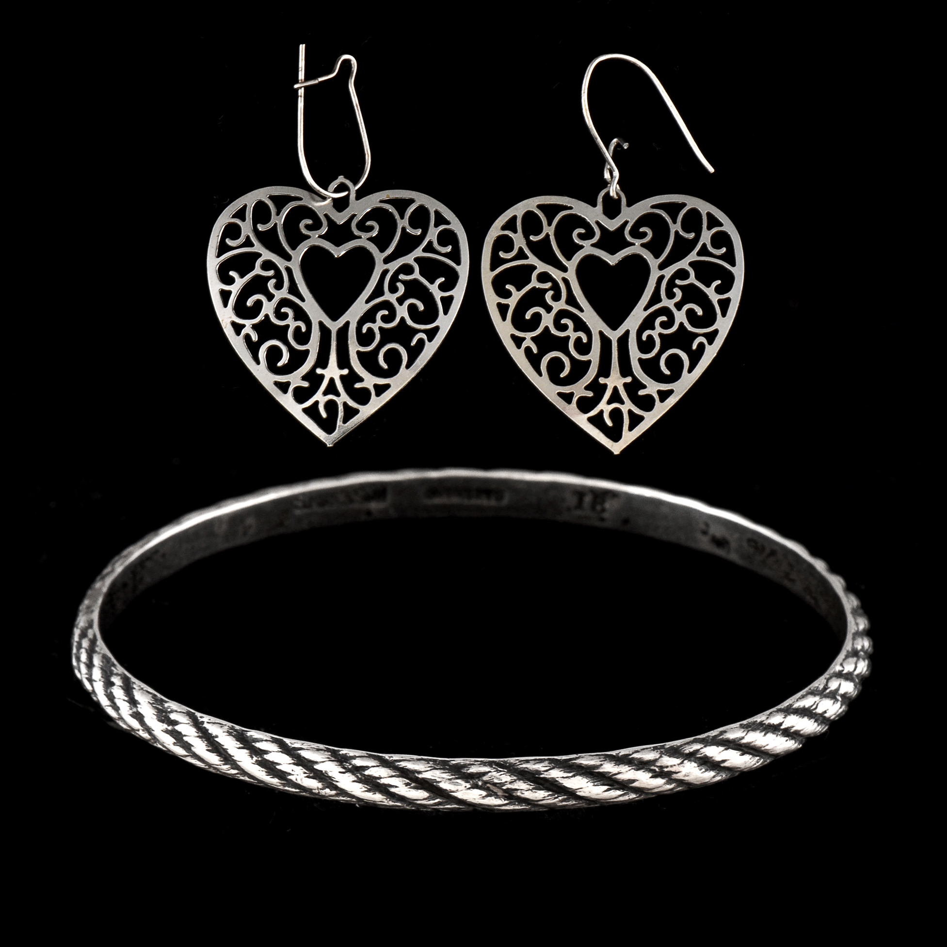 Vintage S. Kirk & Son Sterling Silver Textured Bangle and Silvertone Heart Shape Openwork Pierced Dangle Earrings