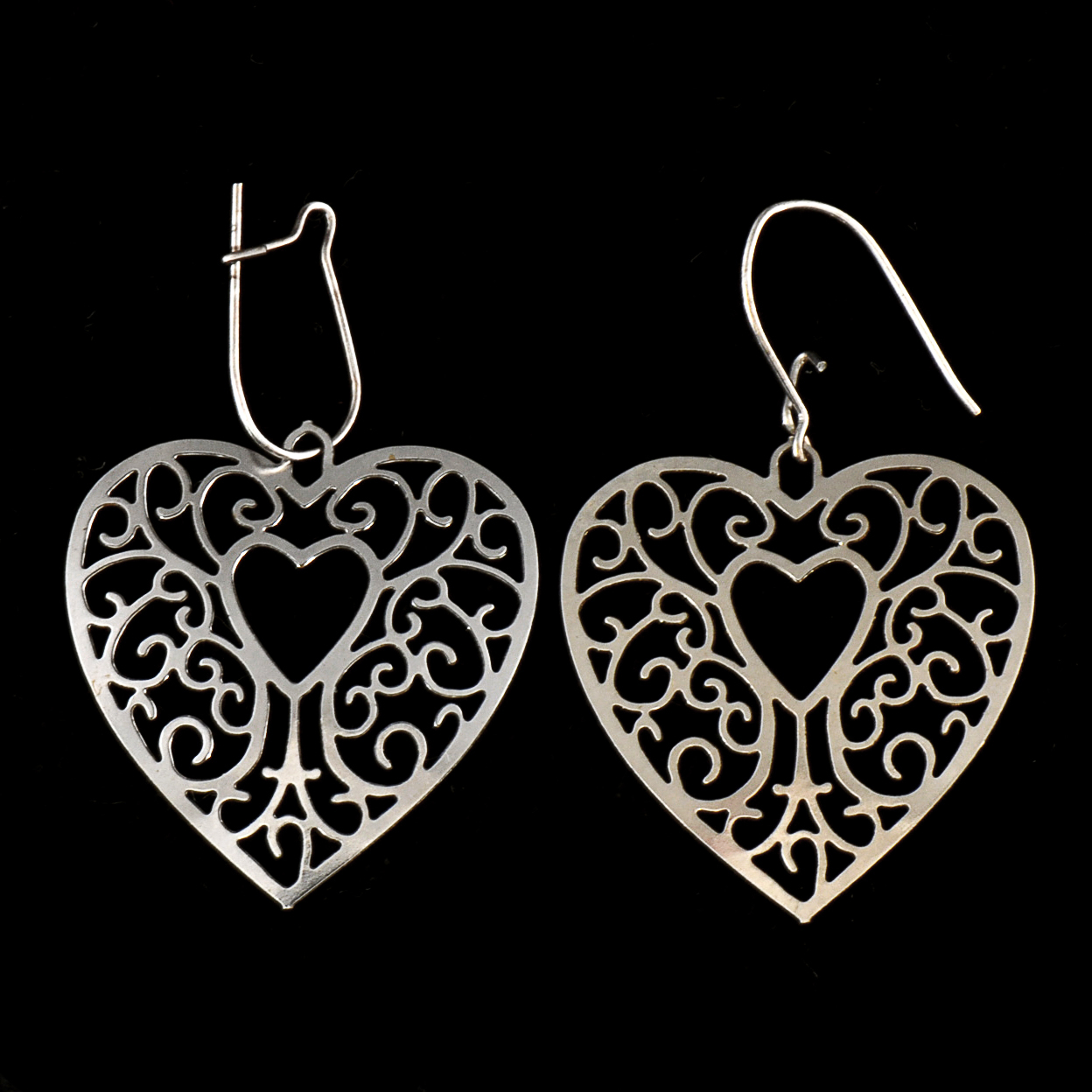 Vintage S. Kirk & Son Sterling Silver Textured Bangle and Silvertone Heart Shape Openwork Pierced Dangle Earrings