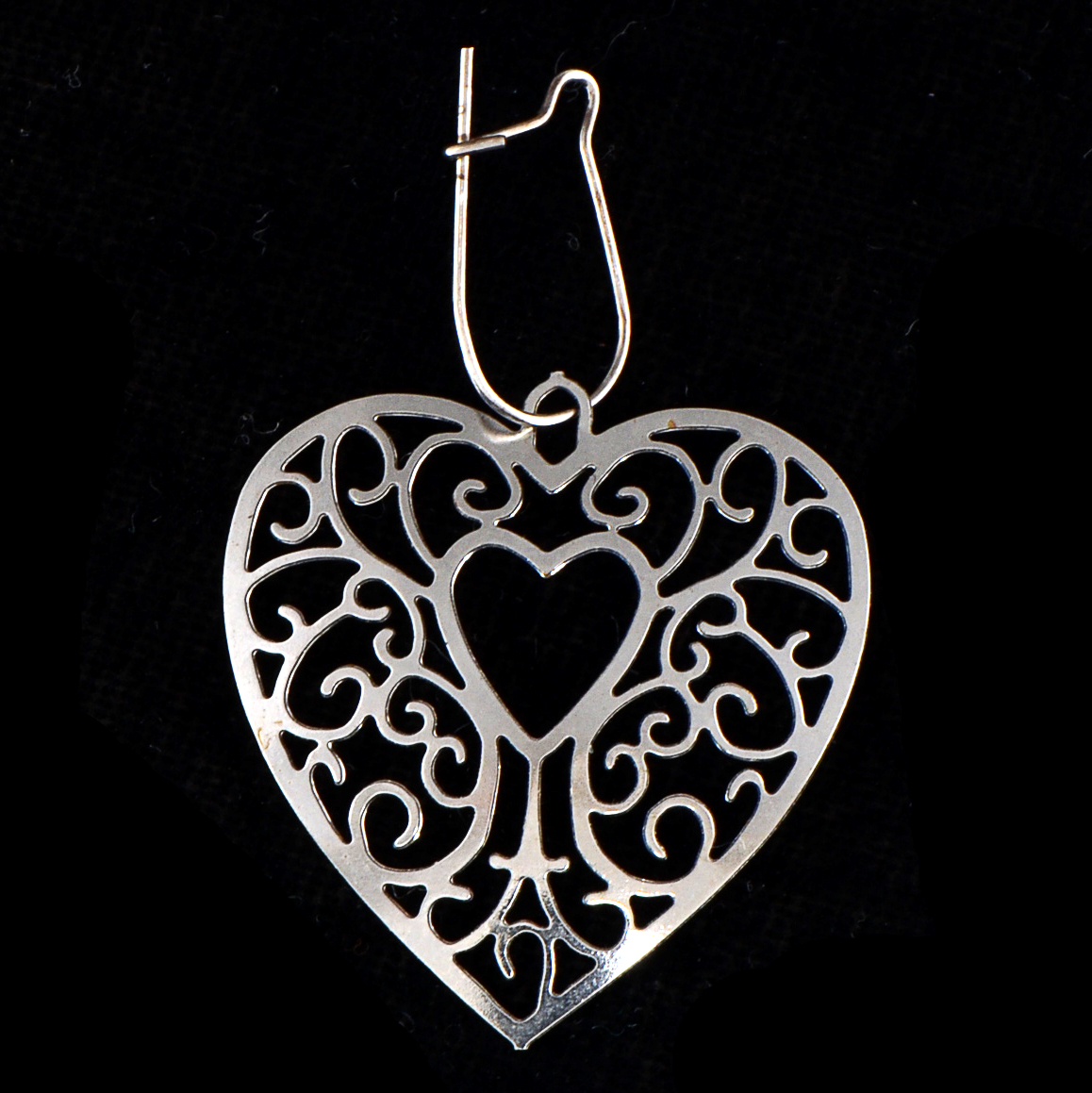 Vintage S. Kirk & Son Sterling Silver Textured Bangle and Silvertone Heart Shape Openwork Pierced Dangle Earrings