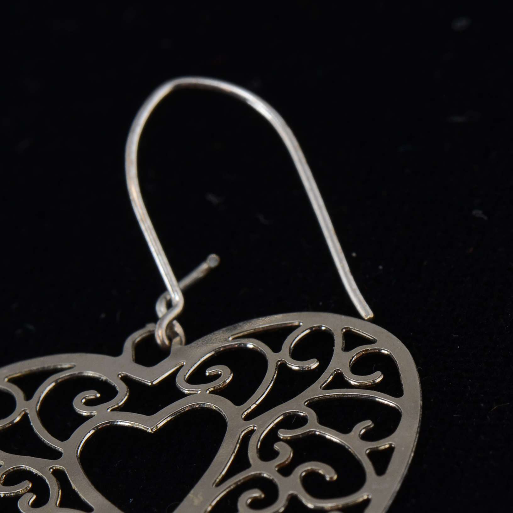 Vintage S. Kirk & Son Sterling Silver Textured Bangle and Silvertone Heart Shape Openwork Pierced Dangle Earrings