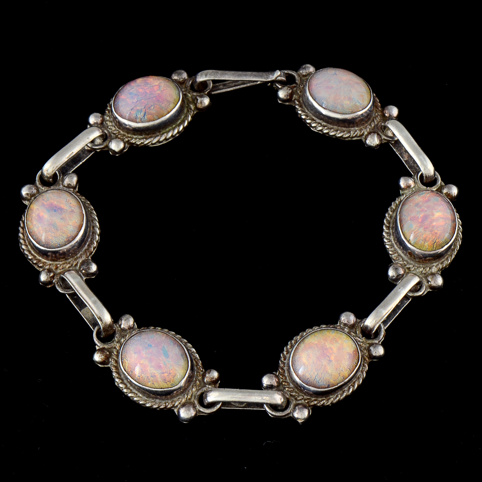 Vintage Mexico Sterling Silver Link Bracelet with Foil Back Glass Cabochons