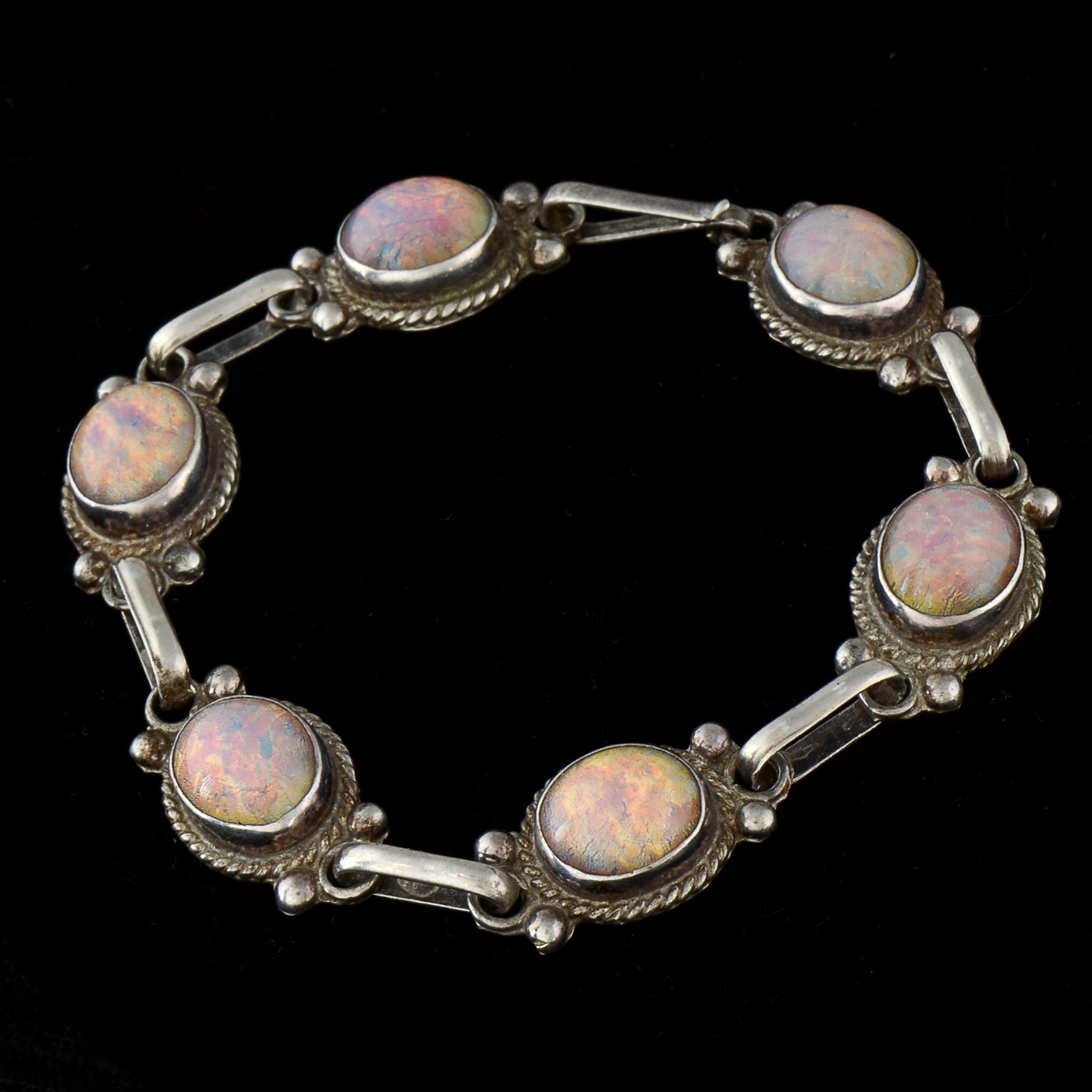 Vintage Mexico Sterling Silver Link Bracelet with Foil Back Glass Cabochons