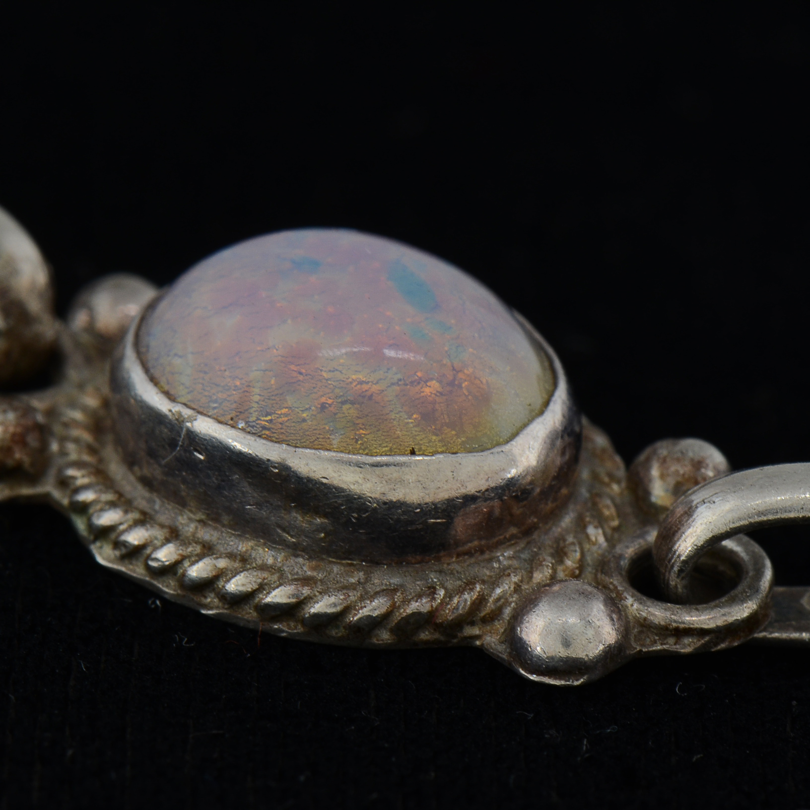 Vintage Mexico Sterling Silver Link Bracelet with Foil Back Glass Cabochons