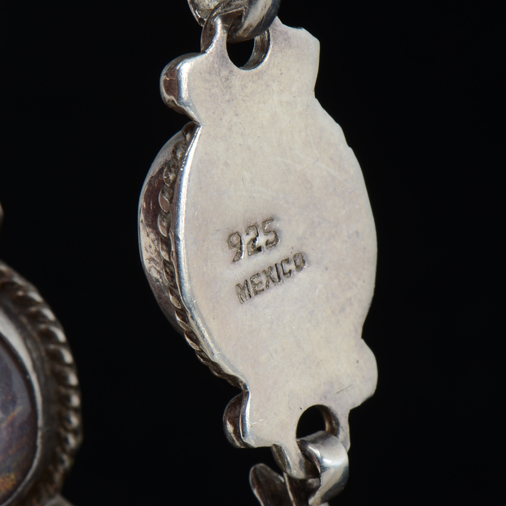 Vintage Mexico Sterling Silver Link Bracelet with Foil Back Glass Cabochons