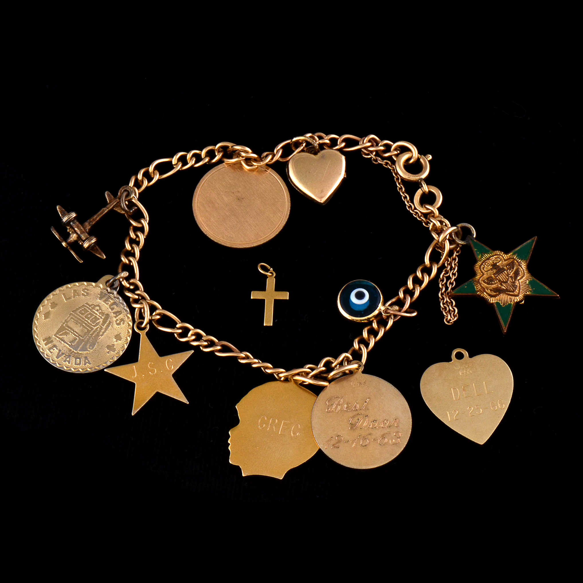 1960s Vintage Gold Filled Charm Bracelet with a Loose 14K Yellow Gold Heart Shape Charm and 10K Yellow Gold Cross Charm