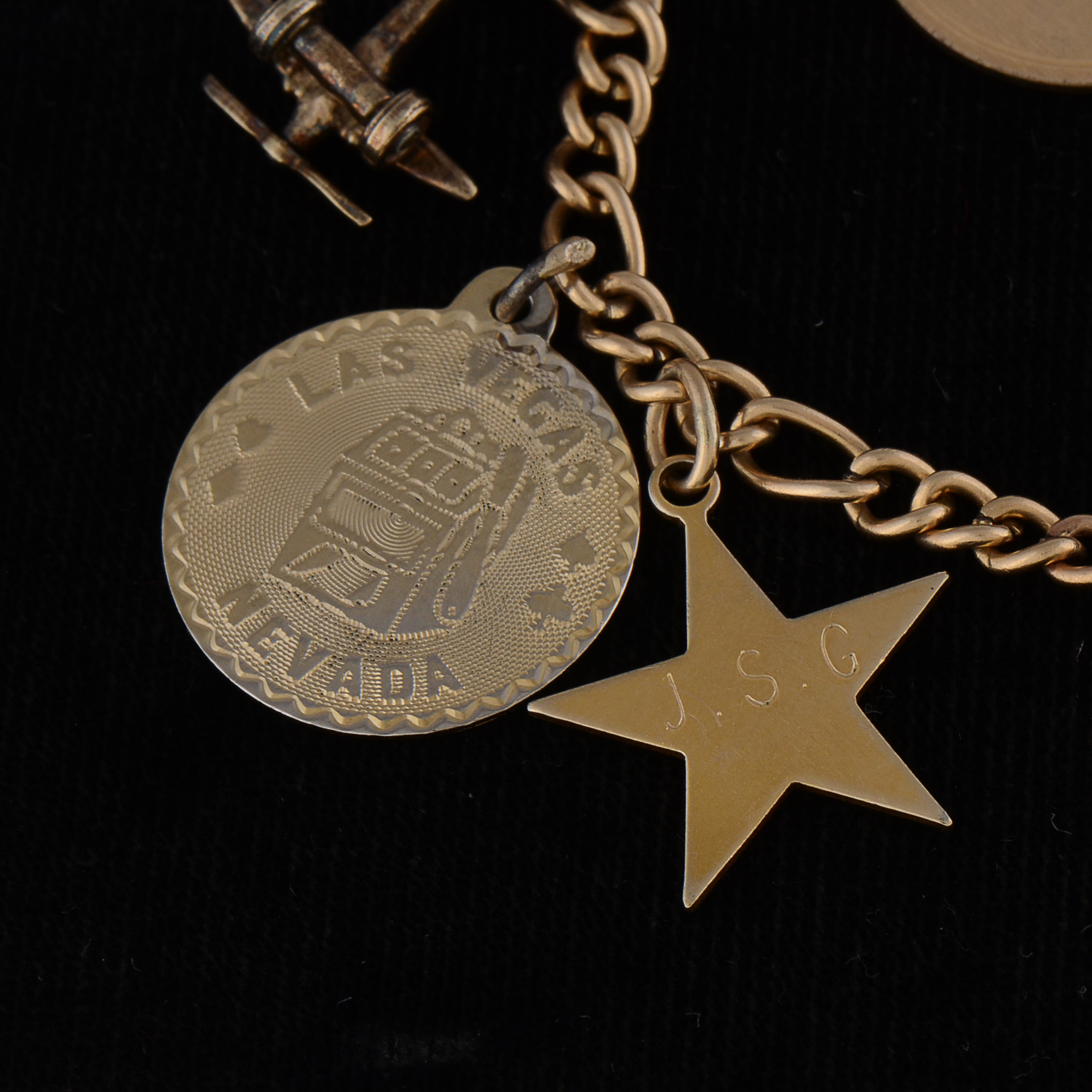 1960s Vintage Gold Filled Charm Bracelet with a Loose 14K Yellow Gold Heart Shape Charm and 10K Yellow Gold Cross Charm