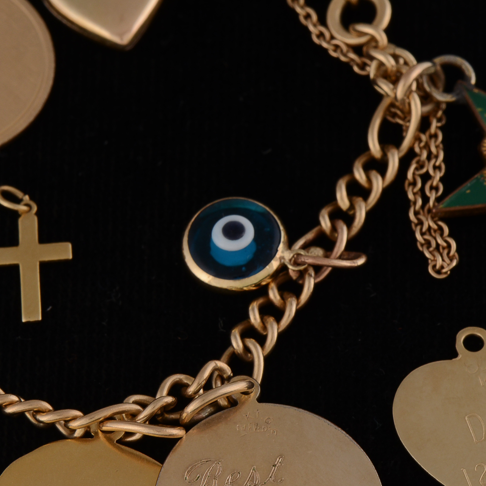 1960s Vintage Gold Filled Charm Bracelet with a Loose 14K Yellow Gold Heart Shape Charm and 10K Yellow Gold Cross Charm