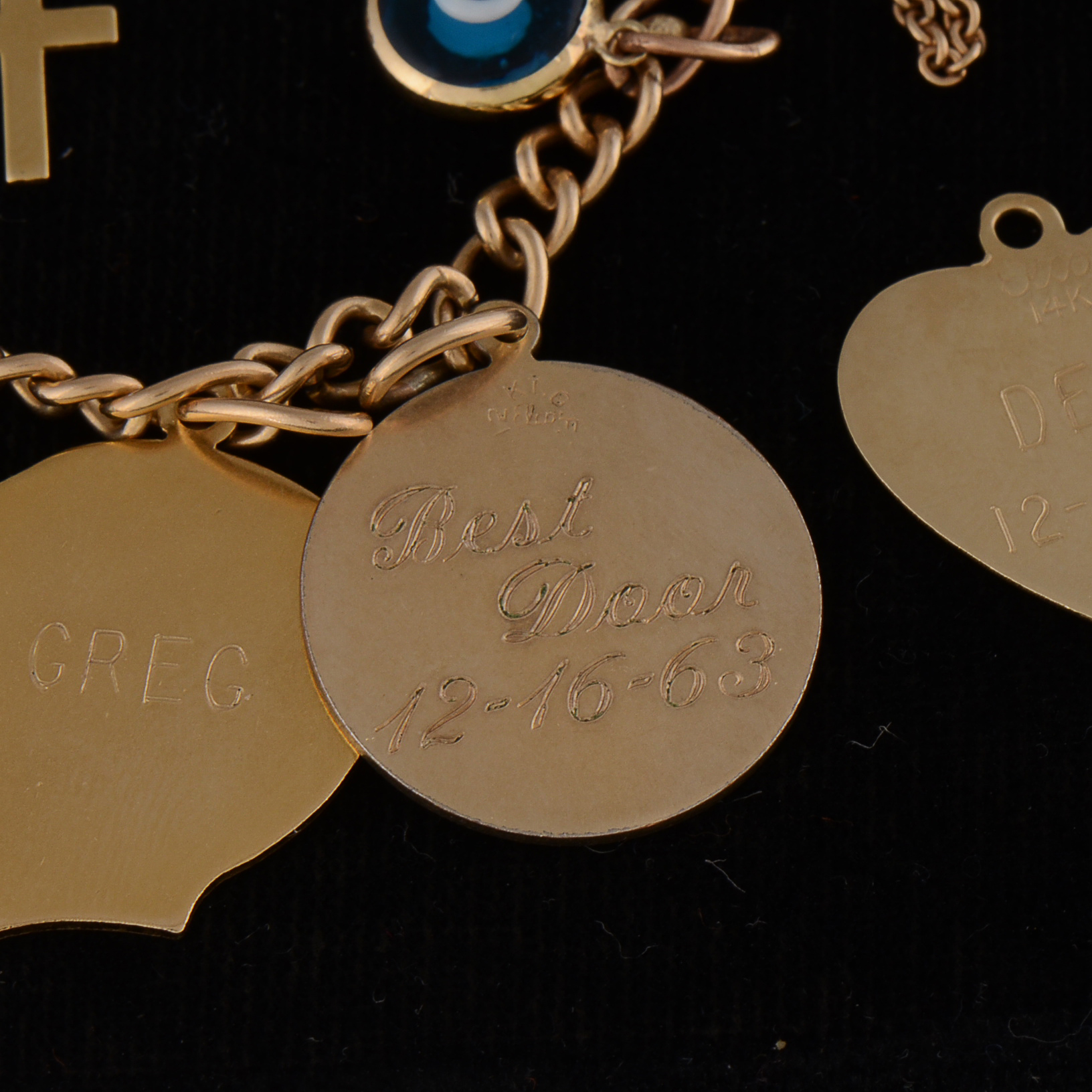 1960s Vintage Gold Filled Charm Bracelet with a Loose 14K Yellow Gold Heart Shape Charm and 10K Yellow Gold Cross Charm