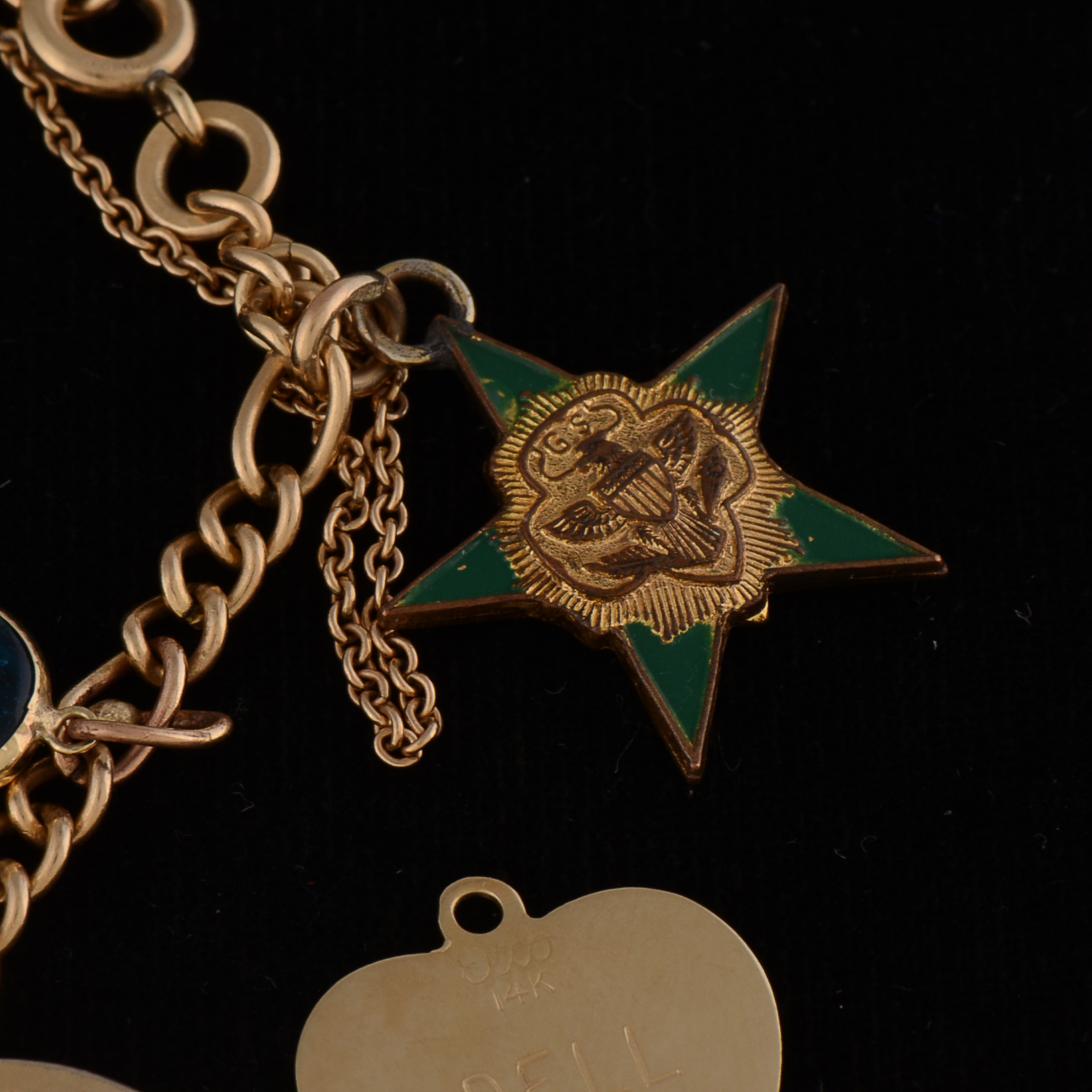 1960s Vintage Gold Filled Charm Bracelet with a Loose 14K Yellow Gold Heart Shape Charm and 10K Yellow Gold Cross Charm