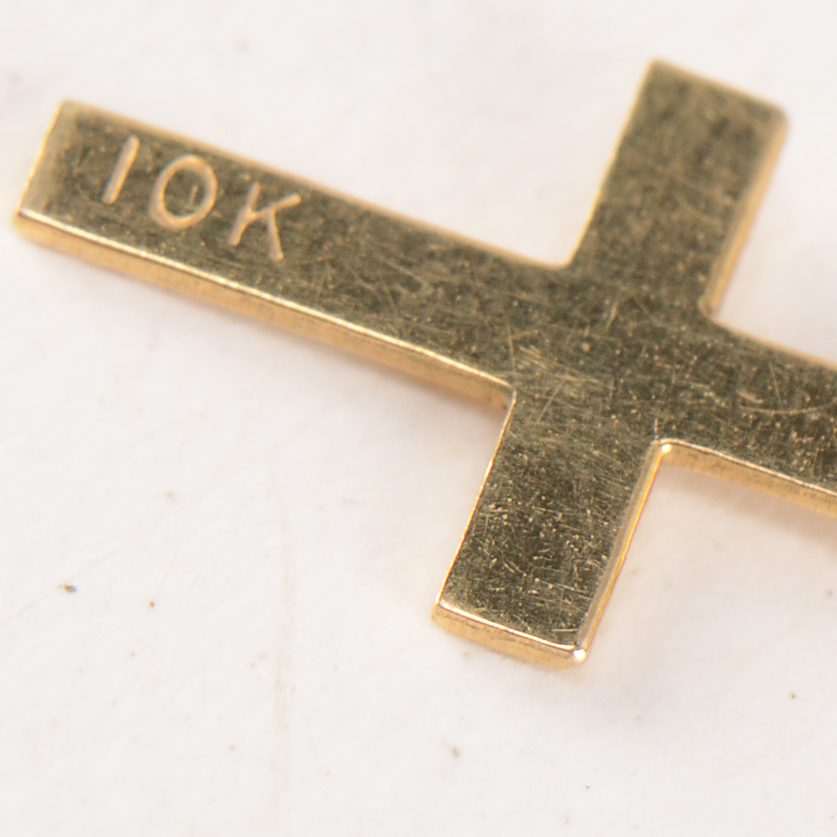 1960s Vintage Gold Filled Charm Bracelet with a Loose 14K Yellow Gold Heart Shape Charm and 10K Yellow Gold Cross Charm