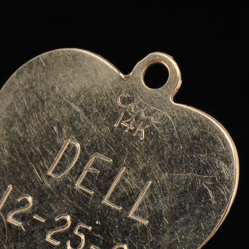 1960s Vintage Gold Filled Charm Bracelet with a Loose 14K Yellow Gold Heart Shape Charm and 10K Yellow Gold Cross Charm