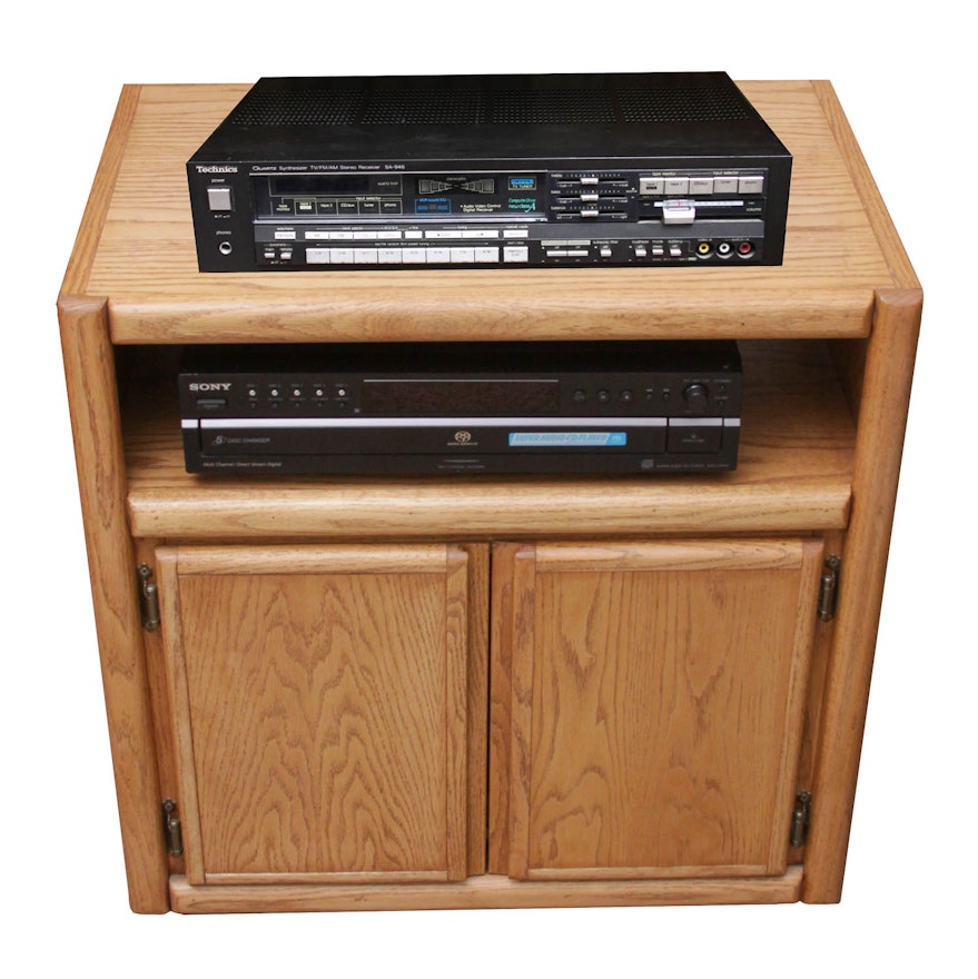 Oak Media Cabinet With CD Player and Technix Stereo Receiver