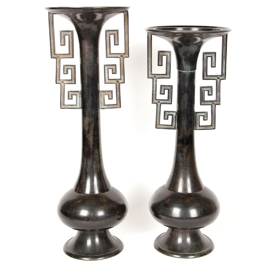 Large Pair of Heavy Patinated Bronze Greek Key Pillar Candle Pedestals