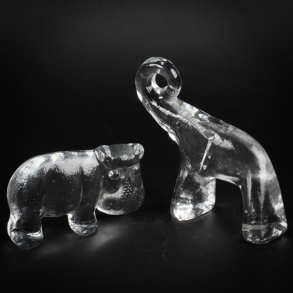 "Zoo Animal" Glass Hippo and Elephant by Erik Hoglund for Kosta Boda