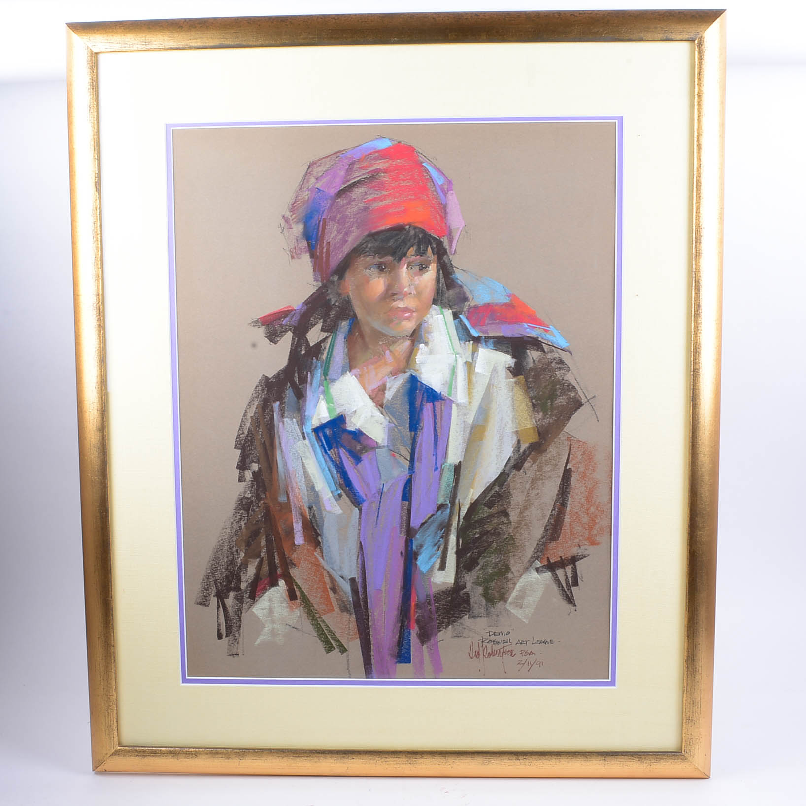 Signed Ted Robertson Oil Pastel Drawing "Demo"