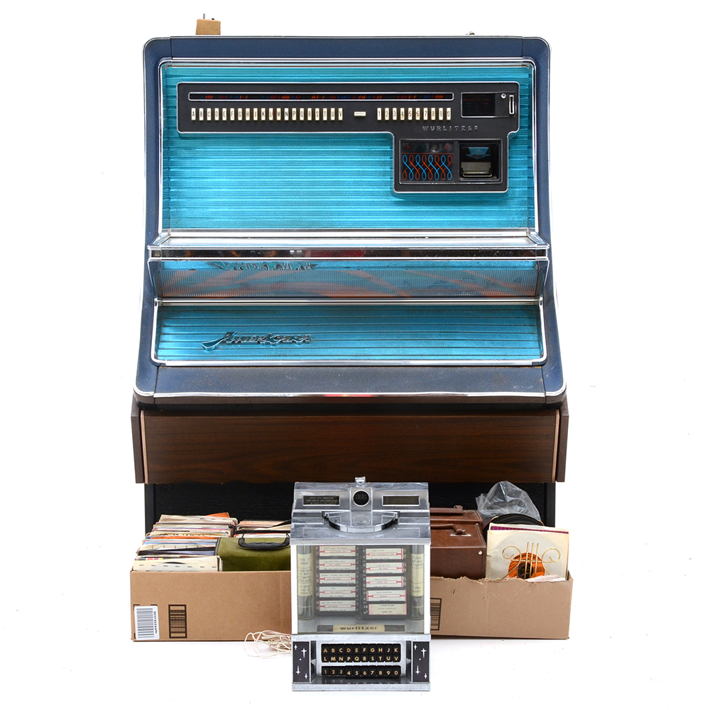 Wurlitzer "Americana" Vinyl Jukebox c. 1970s with Records and Accessories
