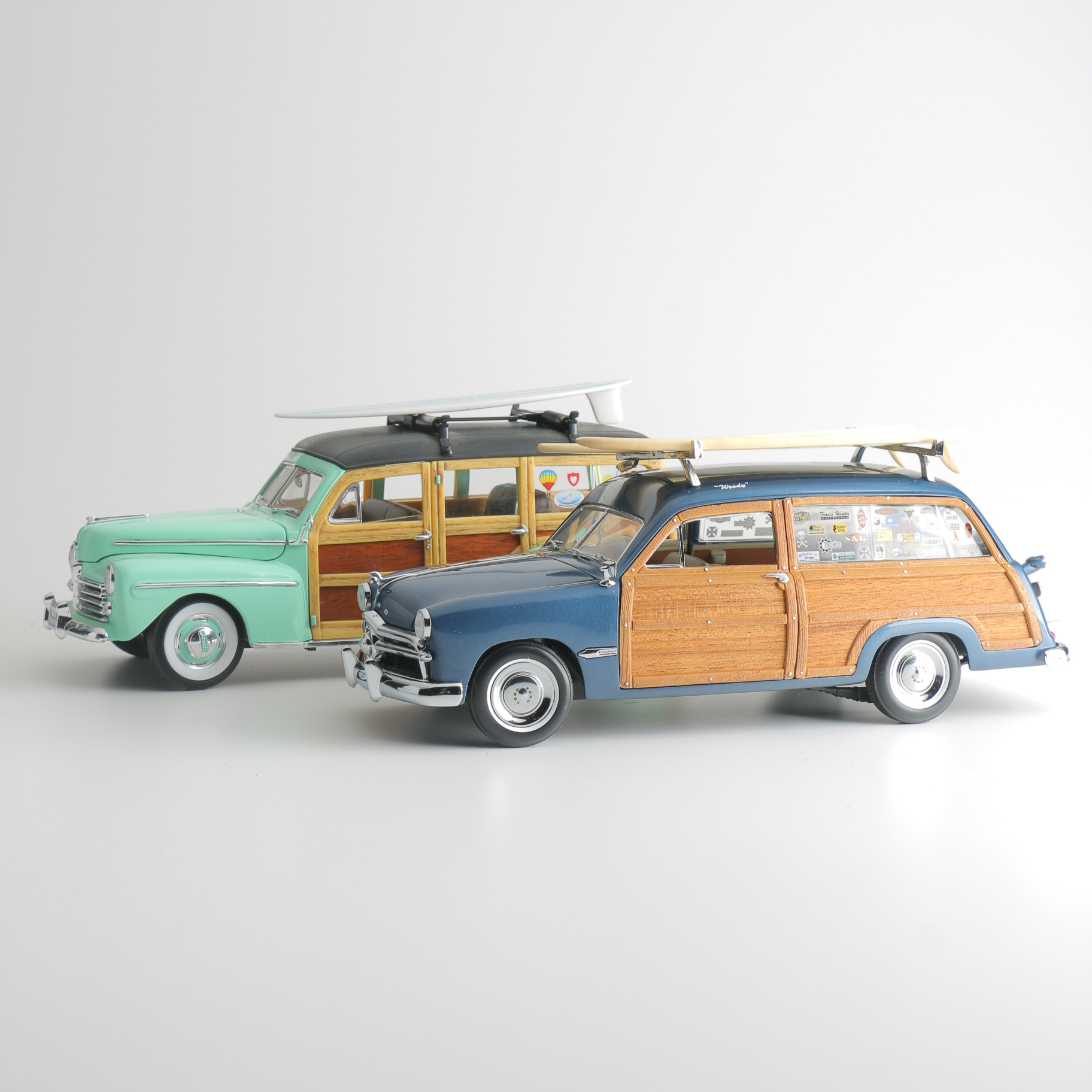 Pair of Die-Cast 1940s Ford Woodie Surfing Replicas