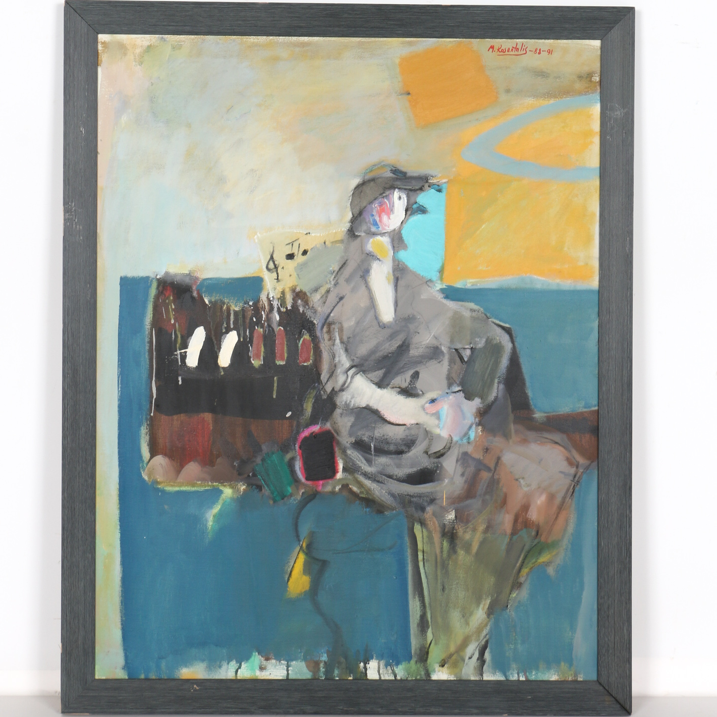 Moshe Rosenthalis Oil Painting on Canvas of A Figure by a Piano