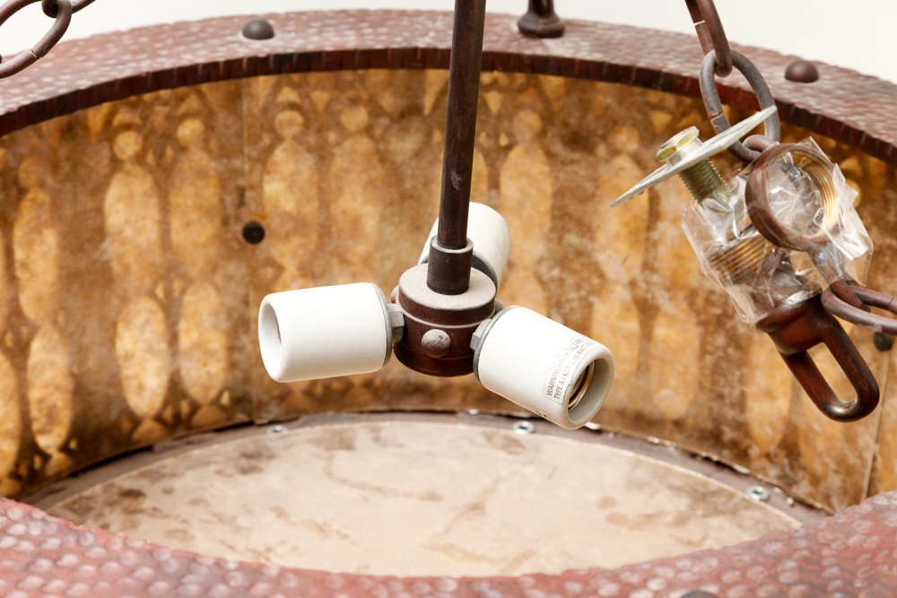 Ornate Three Light Chandelier with Mica Drum Shade by Mica Lamp Company