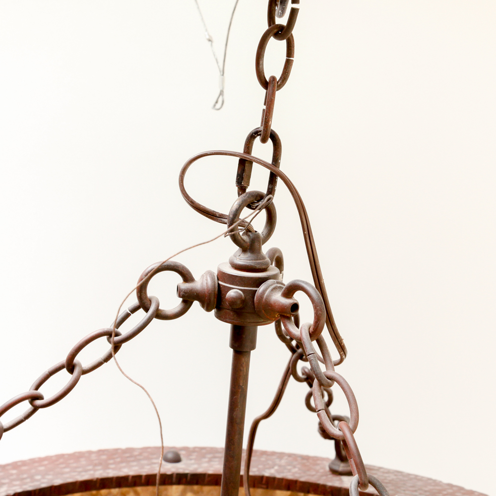 Ornate Three Light Chandelier with Mica Drum Shade by Mica Lamp Company