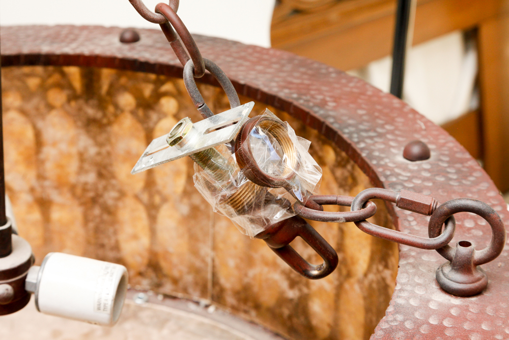 Ornate Three Light Chandelier with Mica Drum Shade by Mica Lamp Company