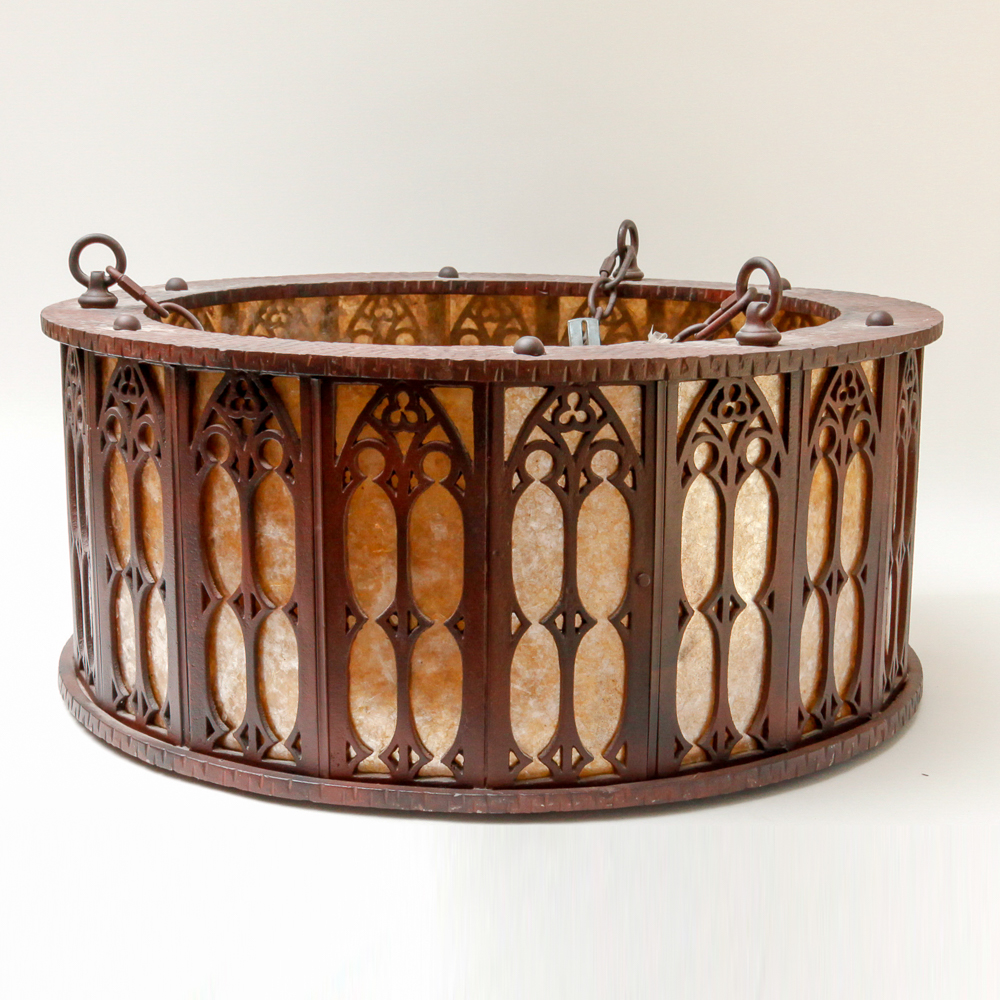 Ornate Three Light Chandelier with Mica Drum Shade by Mica Lamp Company