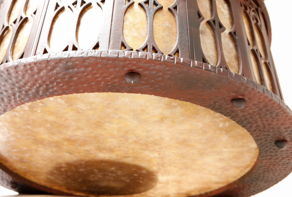 Ornate Three Light Chandelier with Mica Drum Shade by Mica Lamp Company