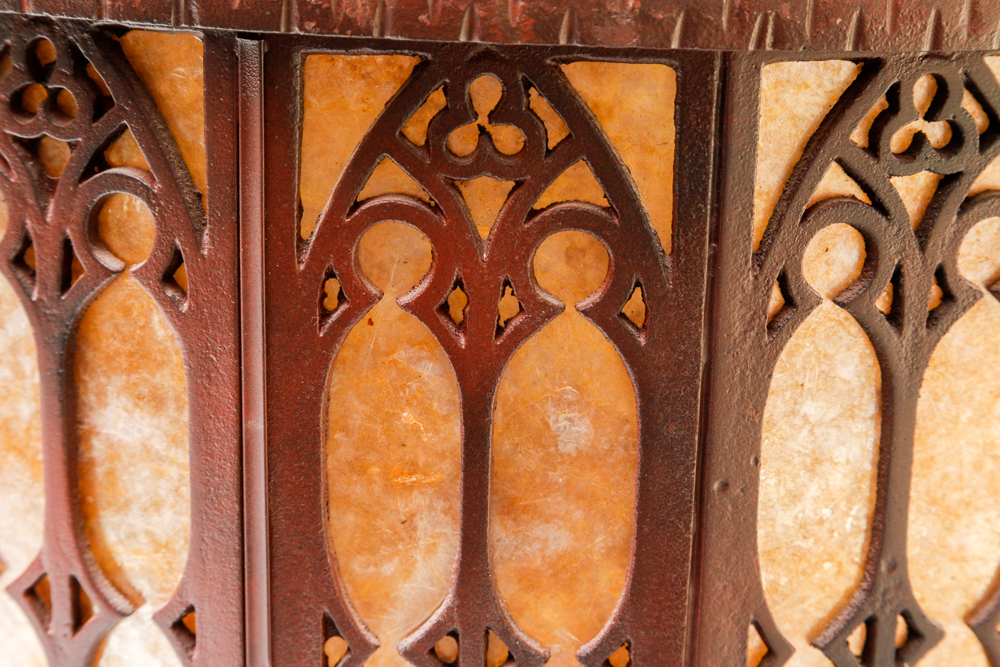 Ornate Three Light Chandelier with Mica Drum Shade by Mica Lamp Company