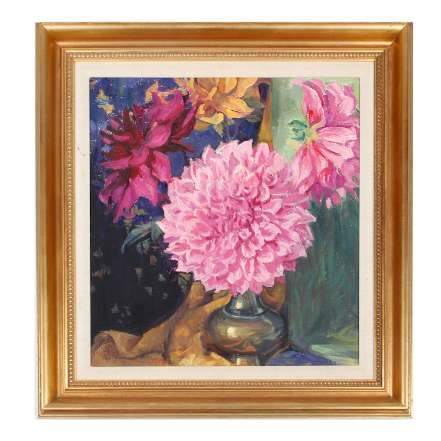 Emily B. Waite Oil Painting on Canvas of Dalias in a Vase