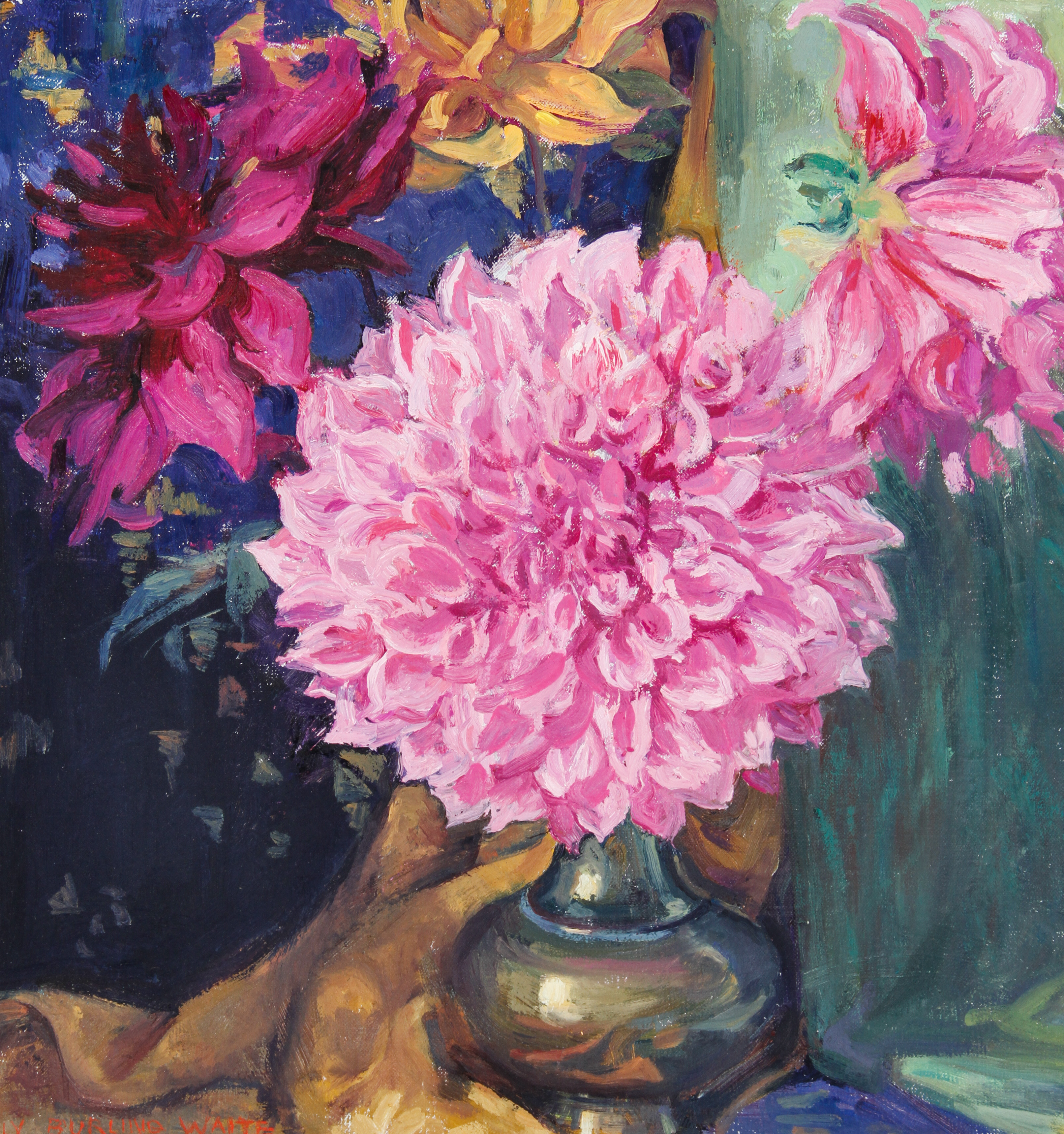 Emily B. Waite Oil Painting on Canvas of Dalias in a Vase