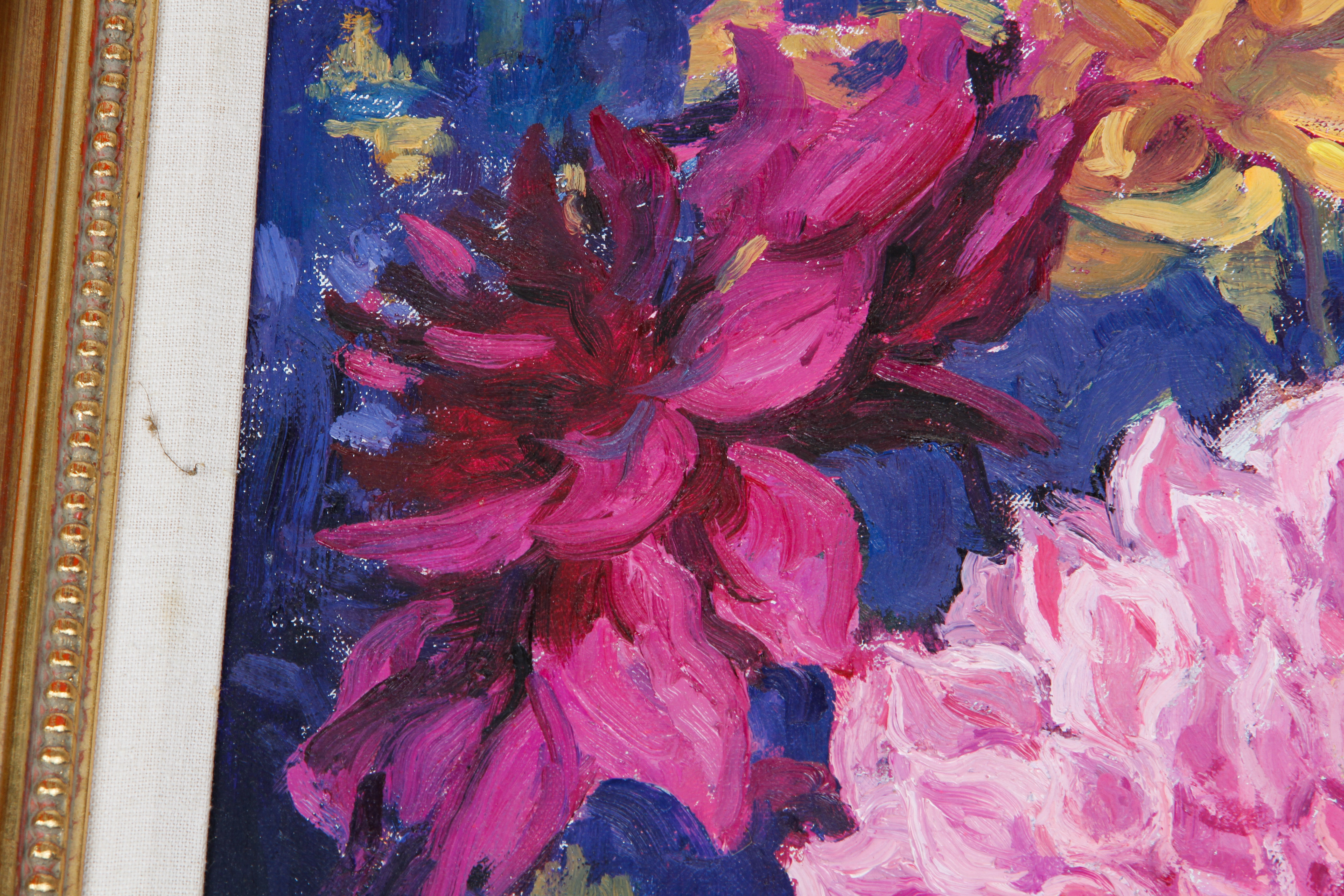 Emily B. Waite Oil Painting on Canvas of Dalias in a Vase