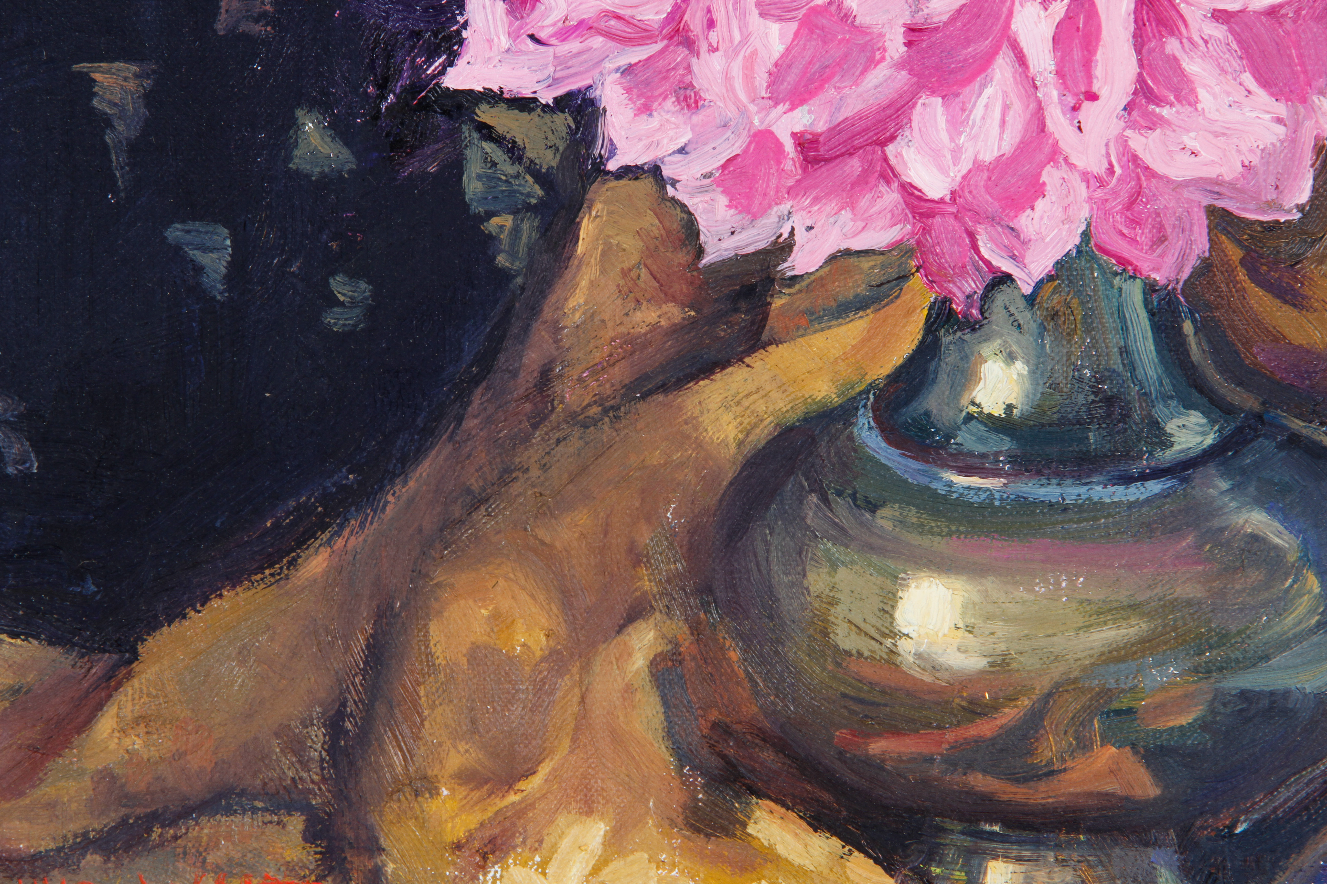 Emily B. Waite Oil Painting on Canvas of Dalias in a Vase