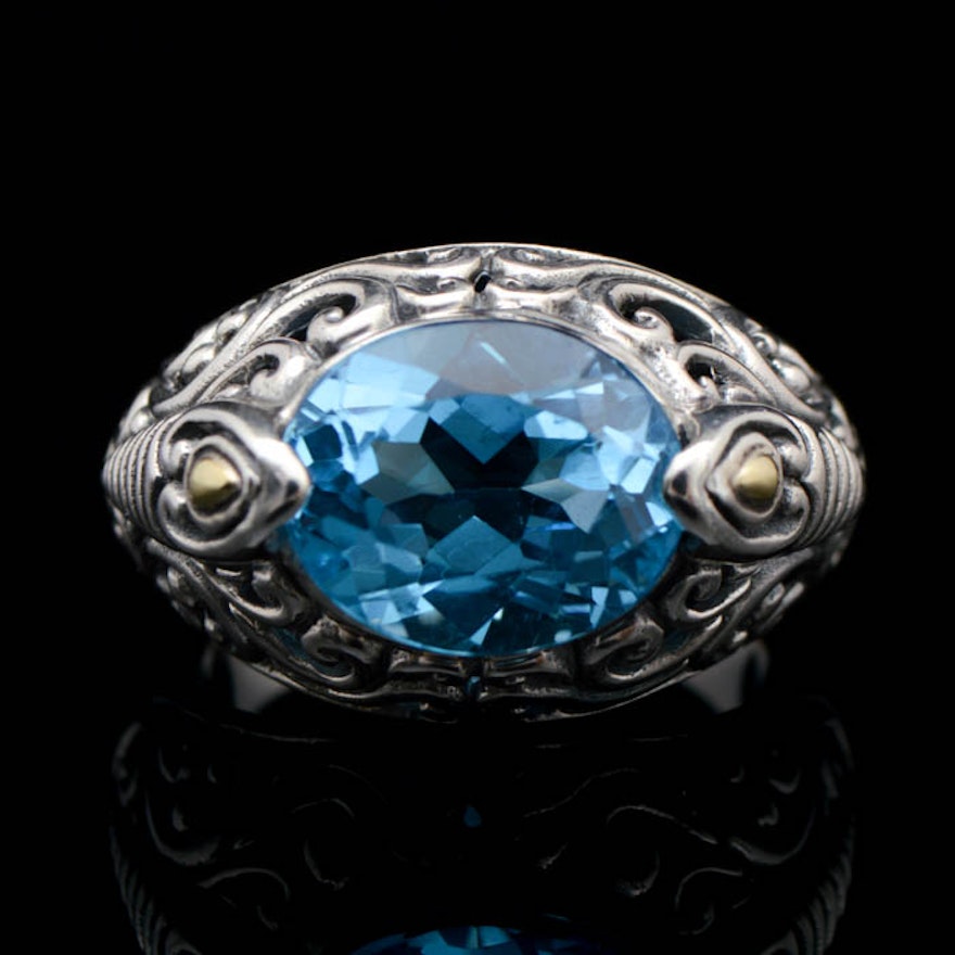 Robert Manse Sterling Silver, 18 K Gold and Swiss Blue Topaz Ring