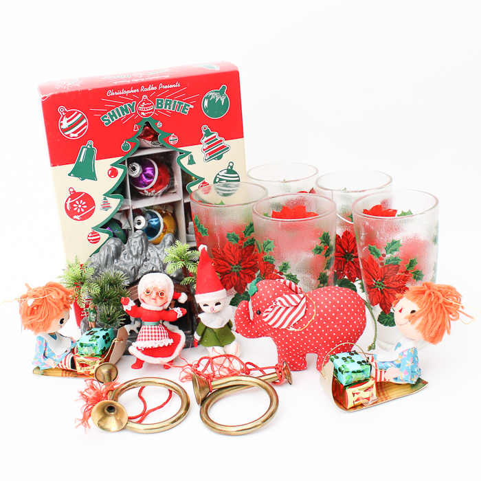 Bag of Vintage Christmas Ornaments and Decor