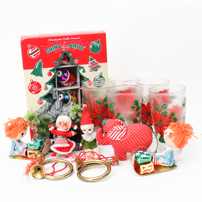 Bag of Vintage Christmas Ornaments and Decor